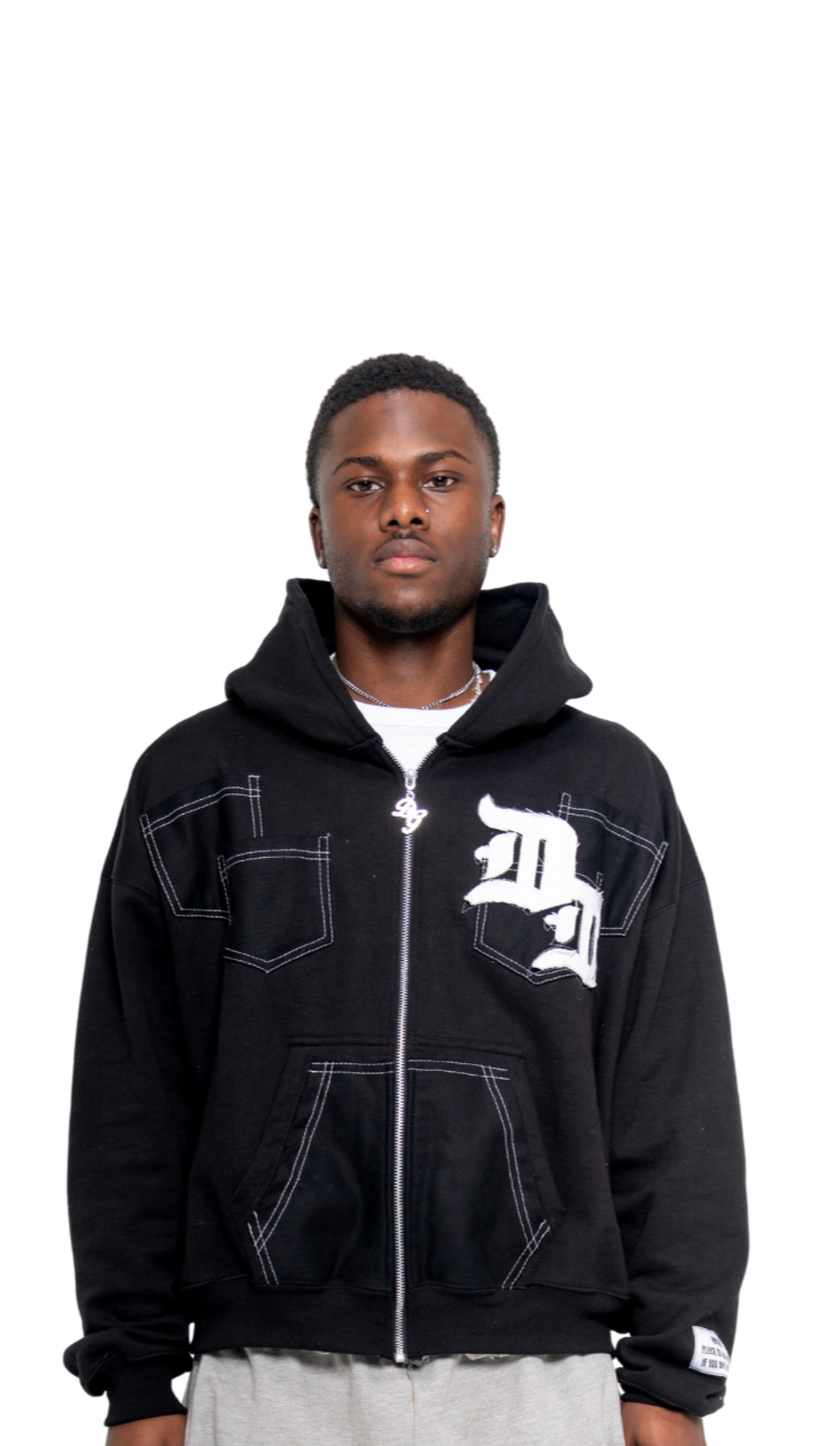 BLACK DOUBLE DENIM ZIP UP